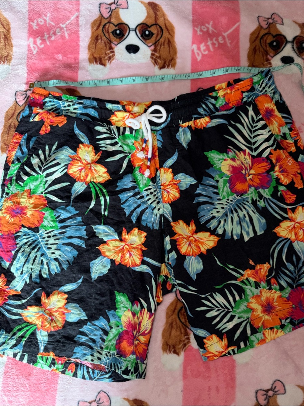 Men's Black Tropical Floral Swim Shorts - Orange & Green